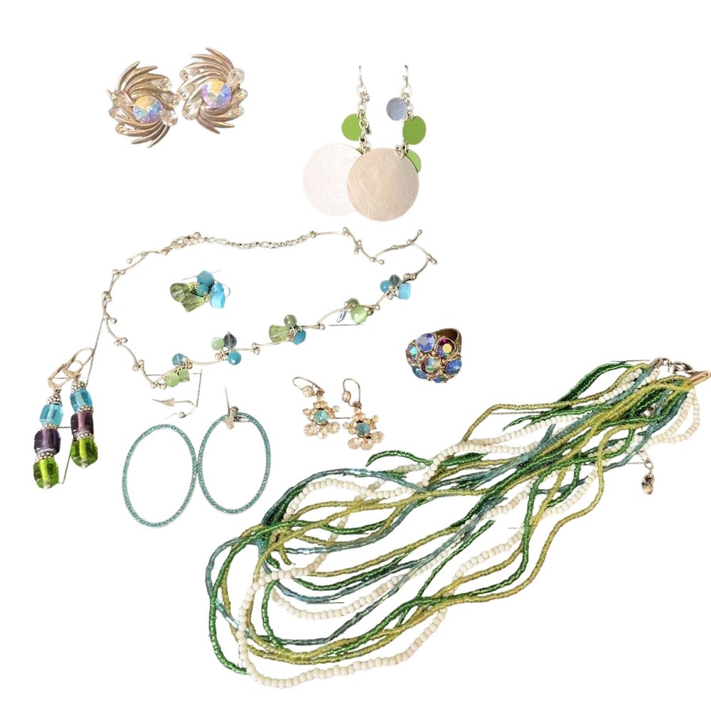 Pierced Earrings Necklaces Adjust Ring Blue-Green Silver Theme Vintage Lot Of 16